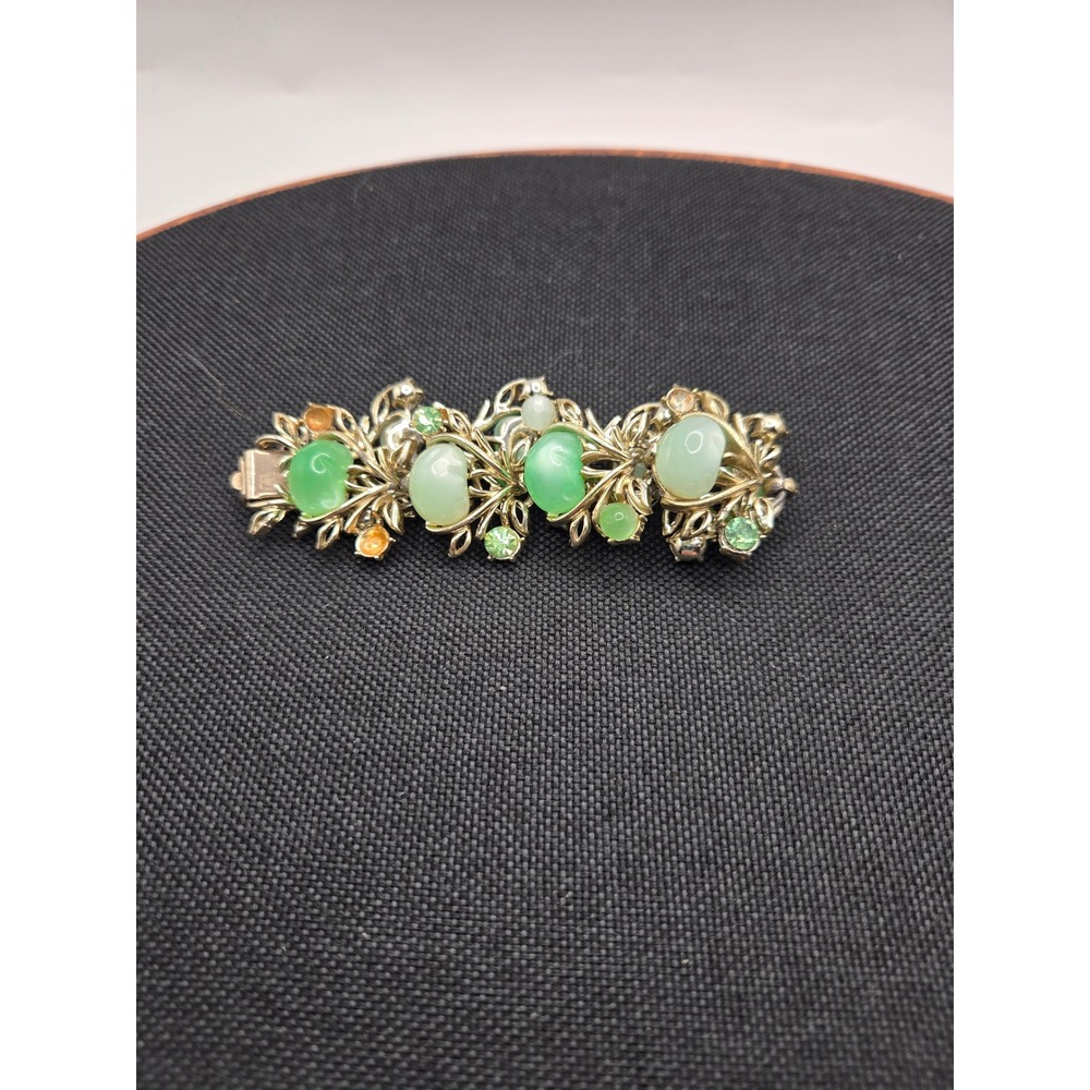 Vintage Coro Green Thermoset Moonglow Cabochon Rhinestone Floral Link Bracelet